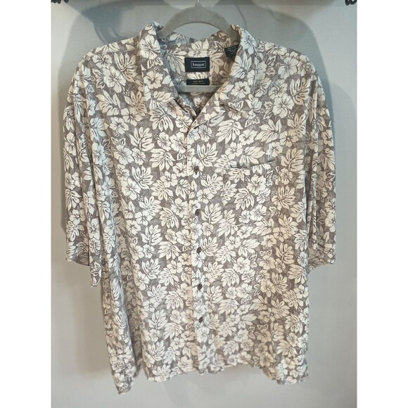 Haggar Shirt Mens XXL Brown 100% Silk Floral Hawaiian Button Up Short Sleeve - Picture 1 of 6